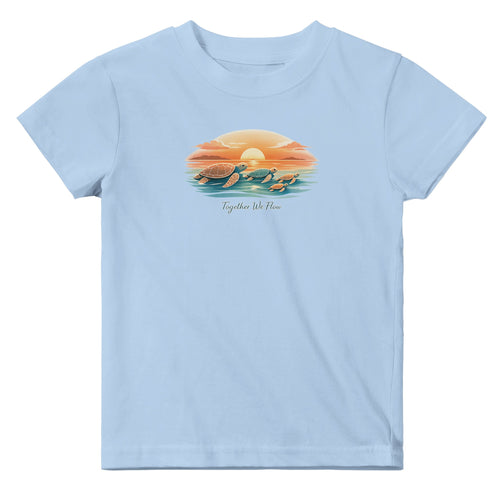 Light blue kids turtle sunset t-shirt with ocean scene – baby and toddler summer beach graphic tee