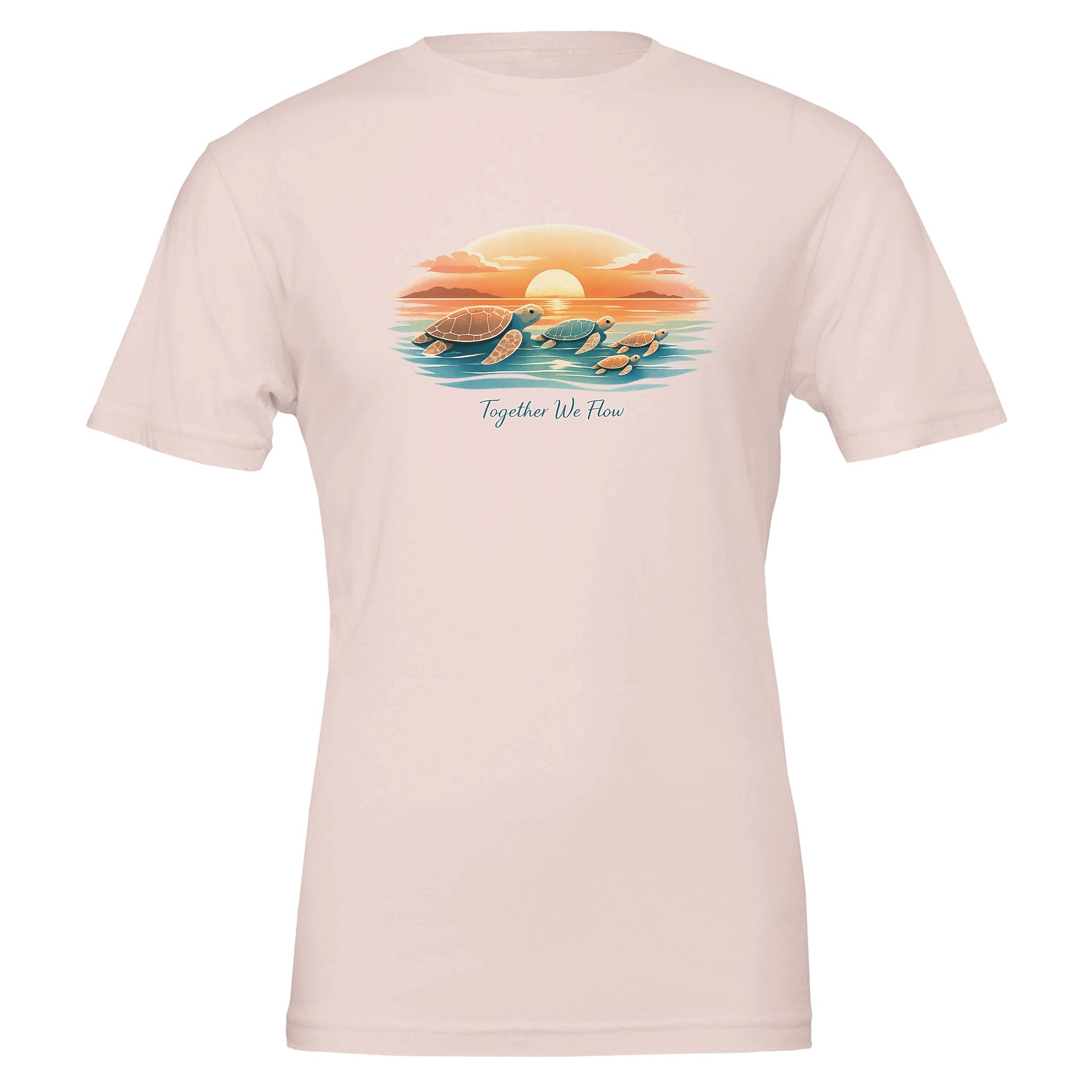 Women’s sea turtle sunset t-shirt in soft pink, casual summer graphic tee