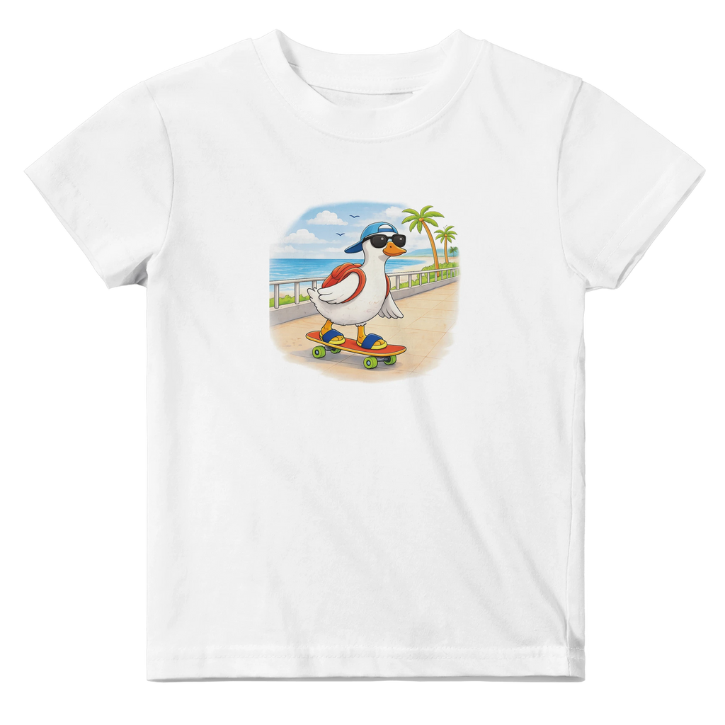 White baby duck skateboard t-shirt with beach scene graphic, cute infant outfit and matching family baby clothing