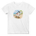 White baby duck skateboard t-shirt with beach scene graphic, cute infant outfit and matching family baby clothing