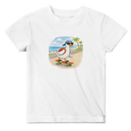 White baby duck skateboard t-shirt with beach scene graphic, cute infant outfit and matching family baby clothing