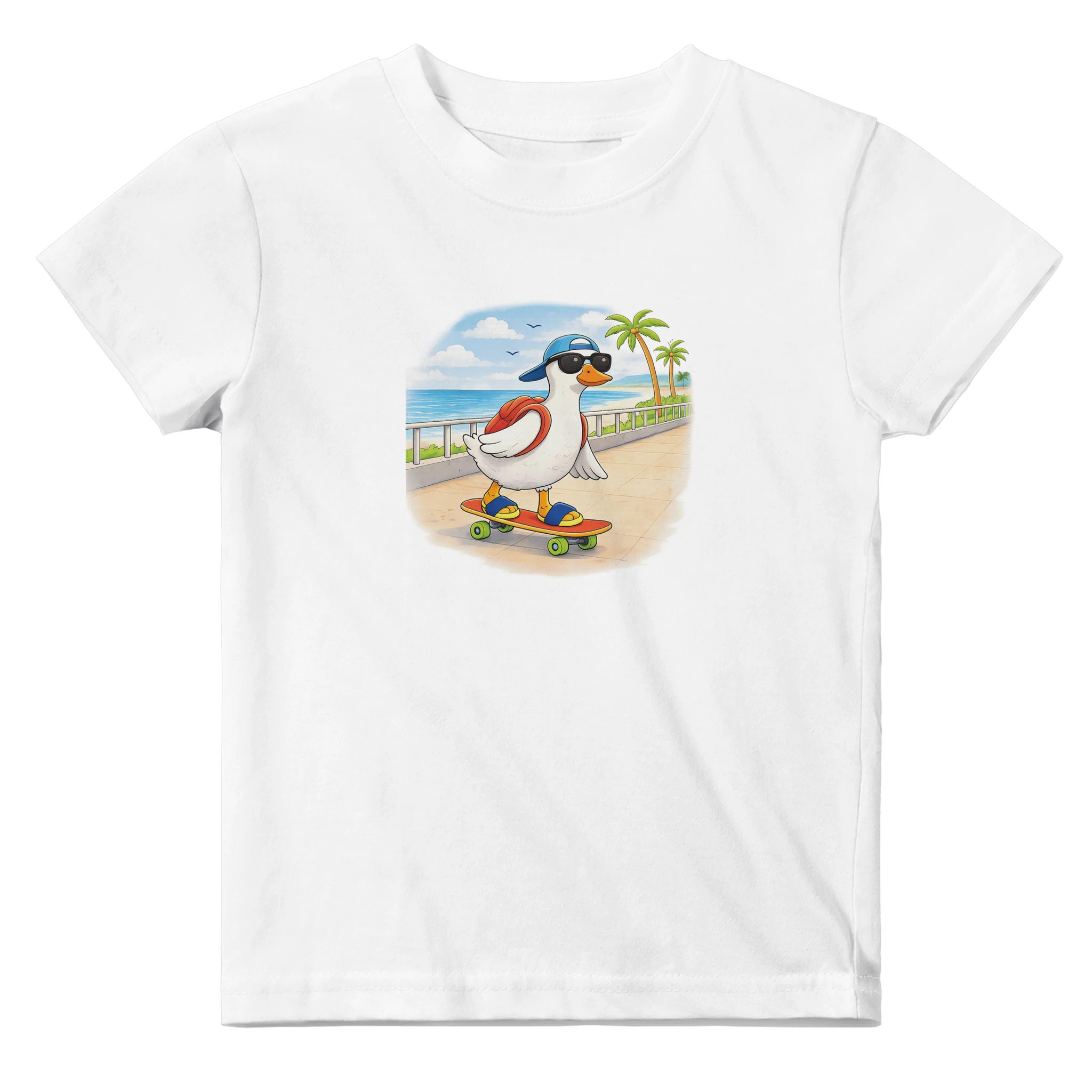 White baby duck skateboard t-shirt with beach scene graphic, cute infant outfit and matching family baby clothing