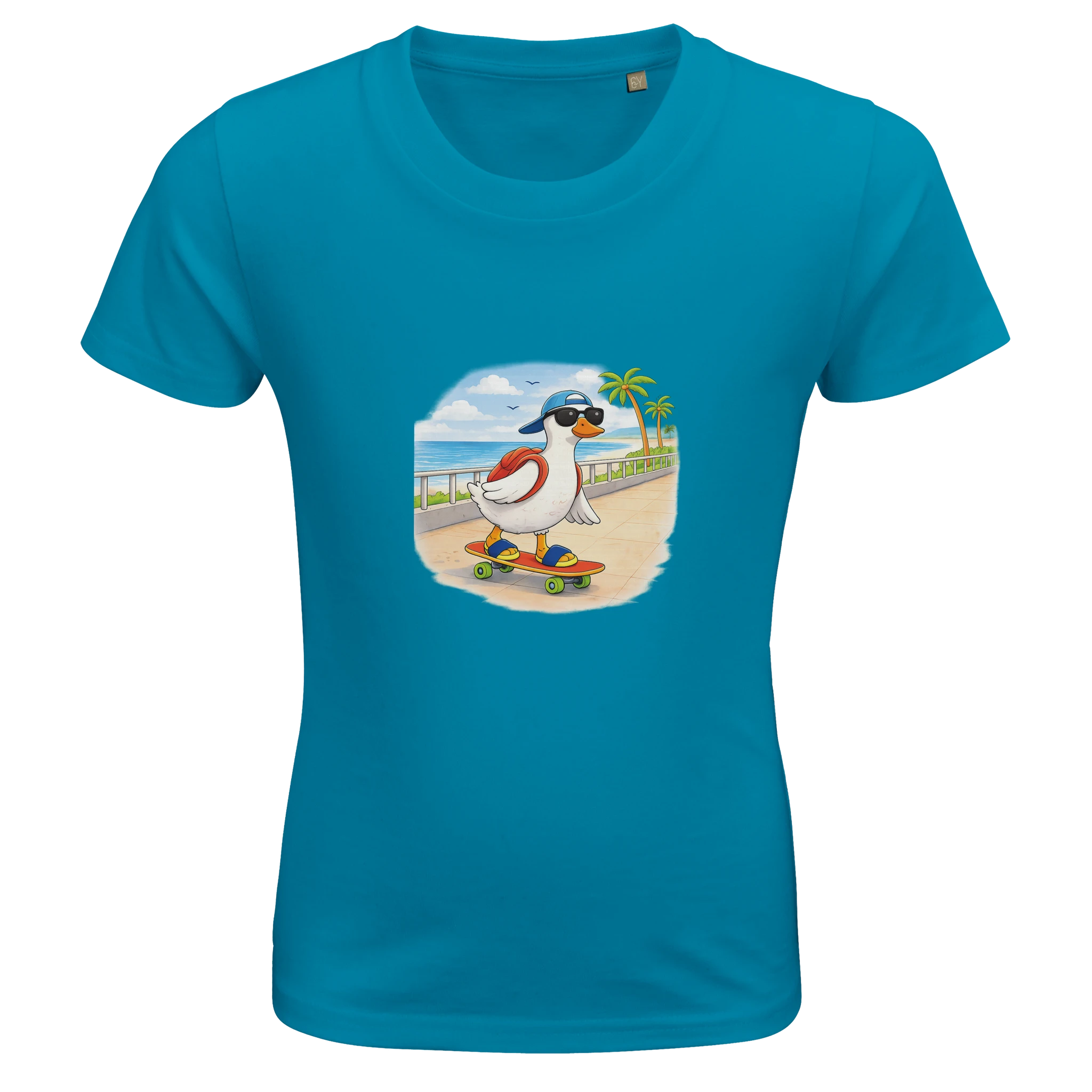 Kids blue duck skateboard t-shirt, funny beach summer shirt for boys and girls, matching family holiday outfits available
