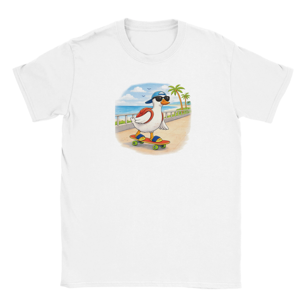 White sand skateboarding duck t-shirt beach graphic summer mens tee