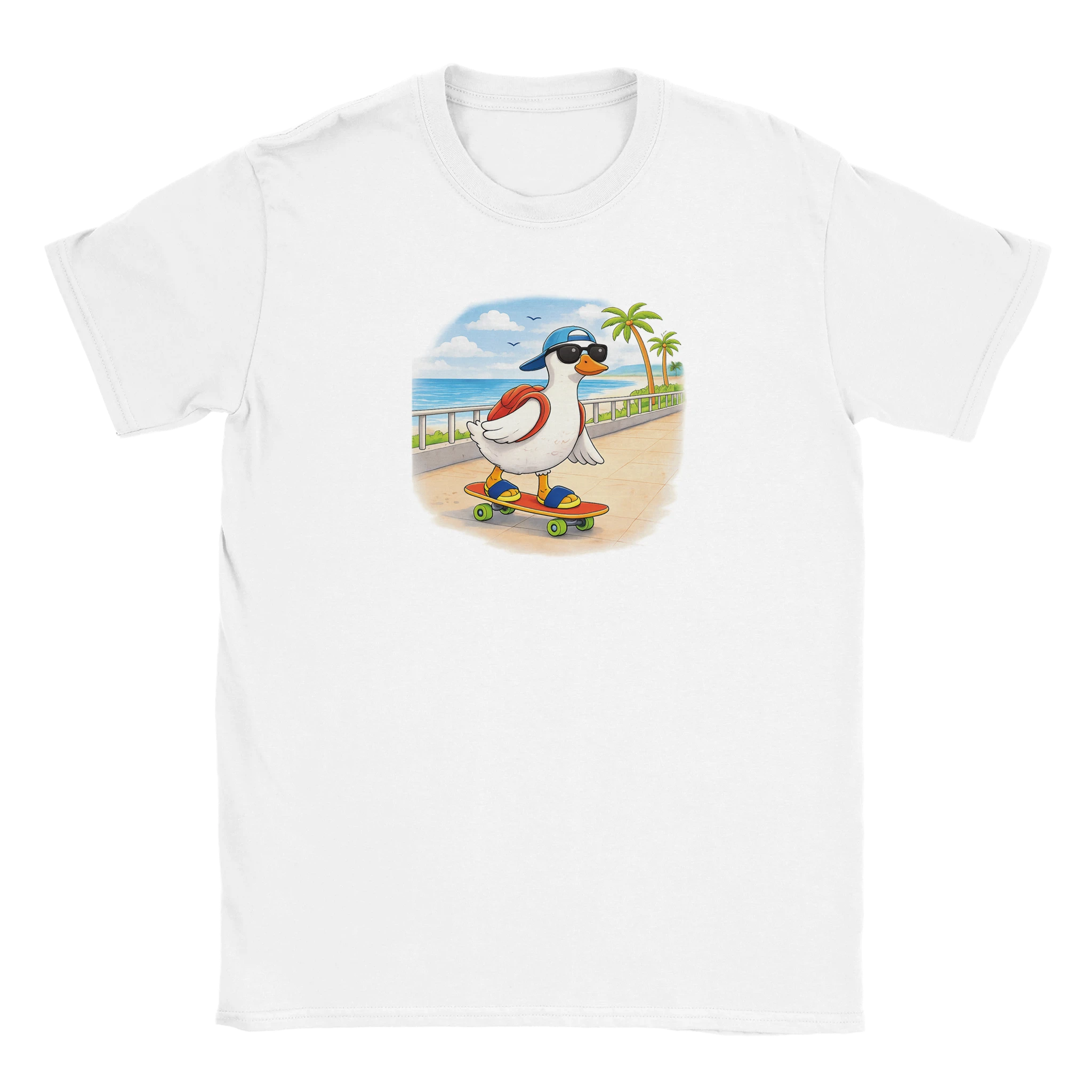 White sand skateboarding duck t-shirt beach graphic summer mens tee