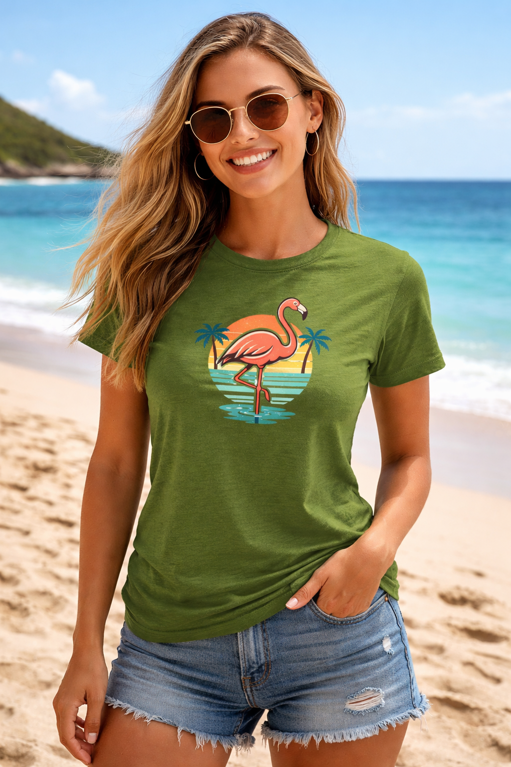 Women's Retro Flamingo Beach T-Shirt – Vintage Sunset T-Shirt