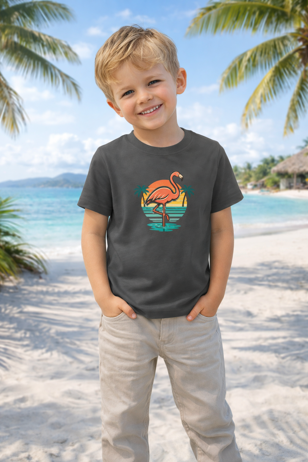 Kid's Retro Flamingo Beach T-Shirt – Vintage Sunset T-Shirt