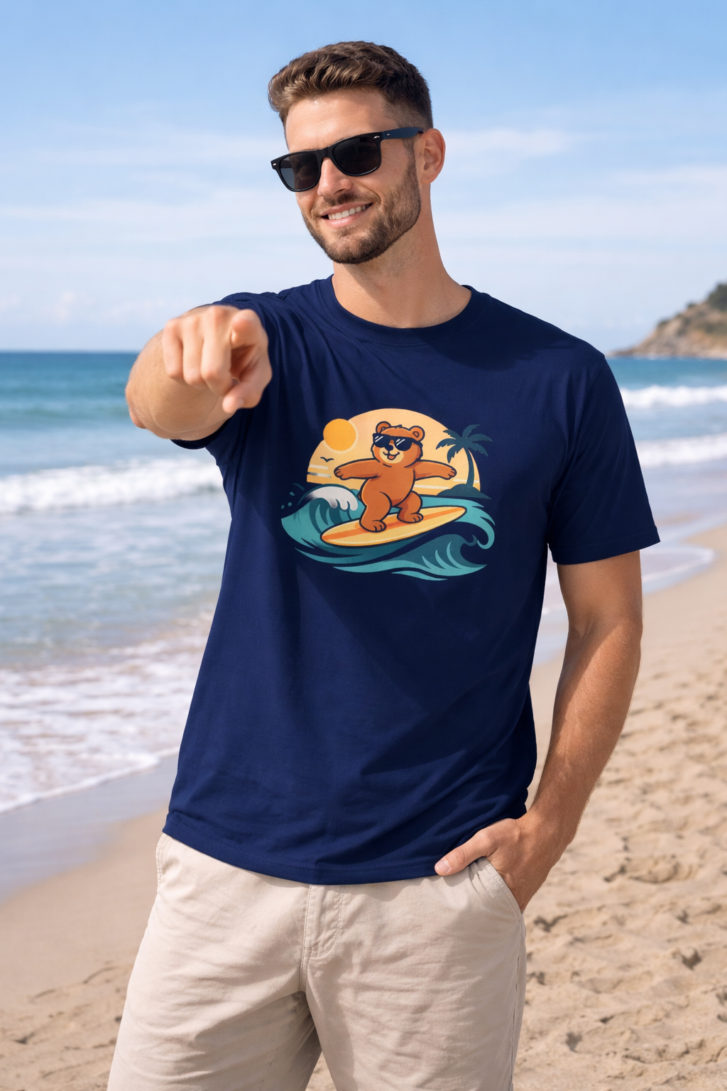 Men’s Surfing Bear T-Shirt – Beach Vibes Cotton T-Shirt