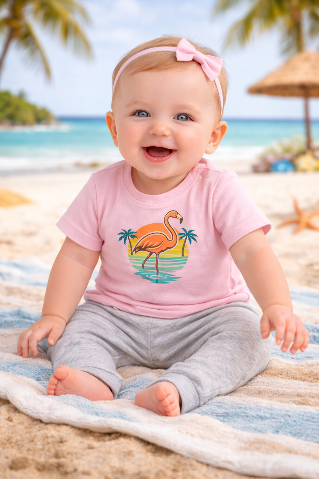 Babies Retro Flamingo Beach T-Shirt – Vintage Sunset T-Shirt