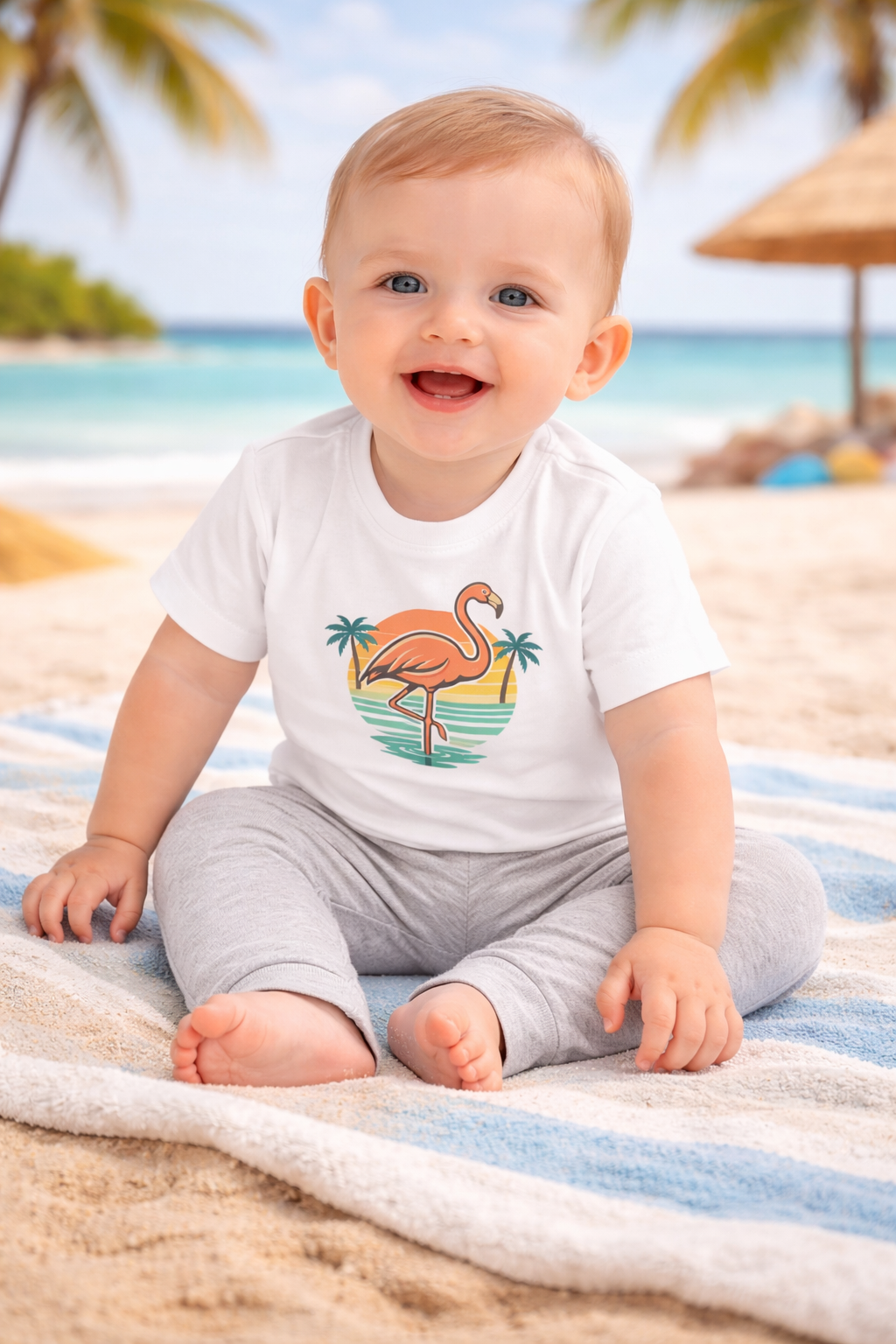 Babies Retro Flamingo Beach T-Shirt – Vintage Sunset T-Shirt